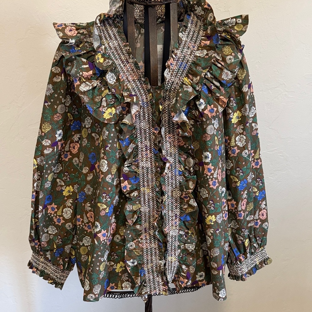 Entro Floral Ruffle Blouse - Olive 💯 cotton